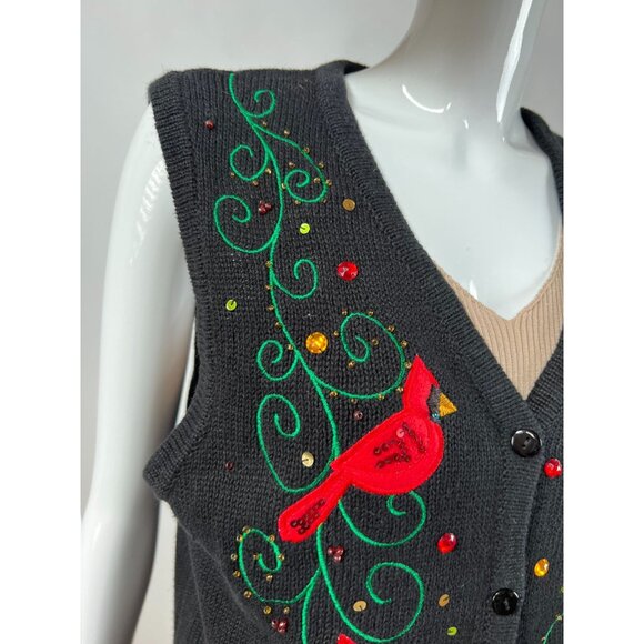 Kim Rogers Womens Festive Cardinal Embroidered Sweater Vest Black Size L - Picture 9 of 16
